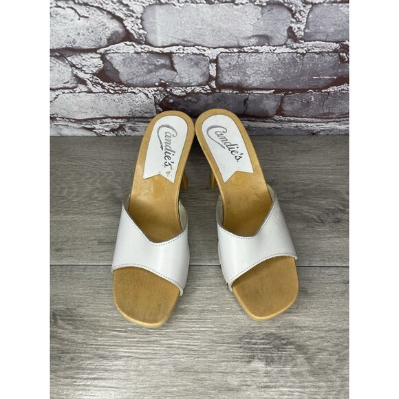 Candie's White Leather Platform Wooden Heel Sandals Women Sz 8M US/39EU Y2K 90’s - Picture 15 of 16